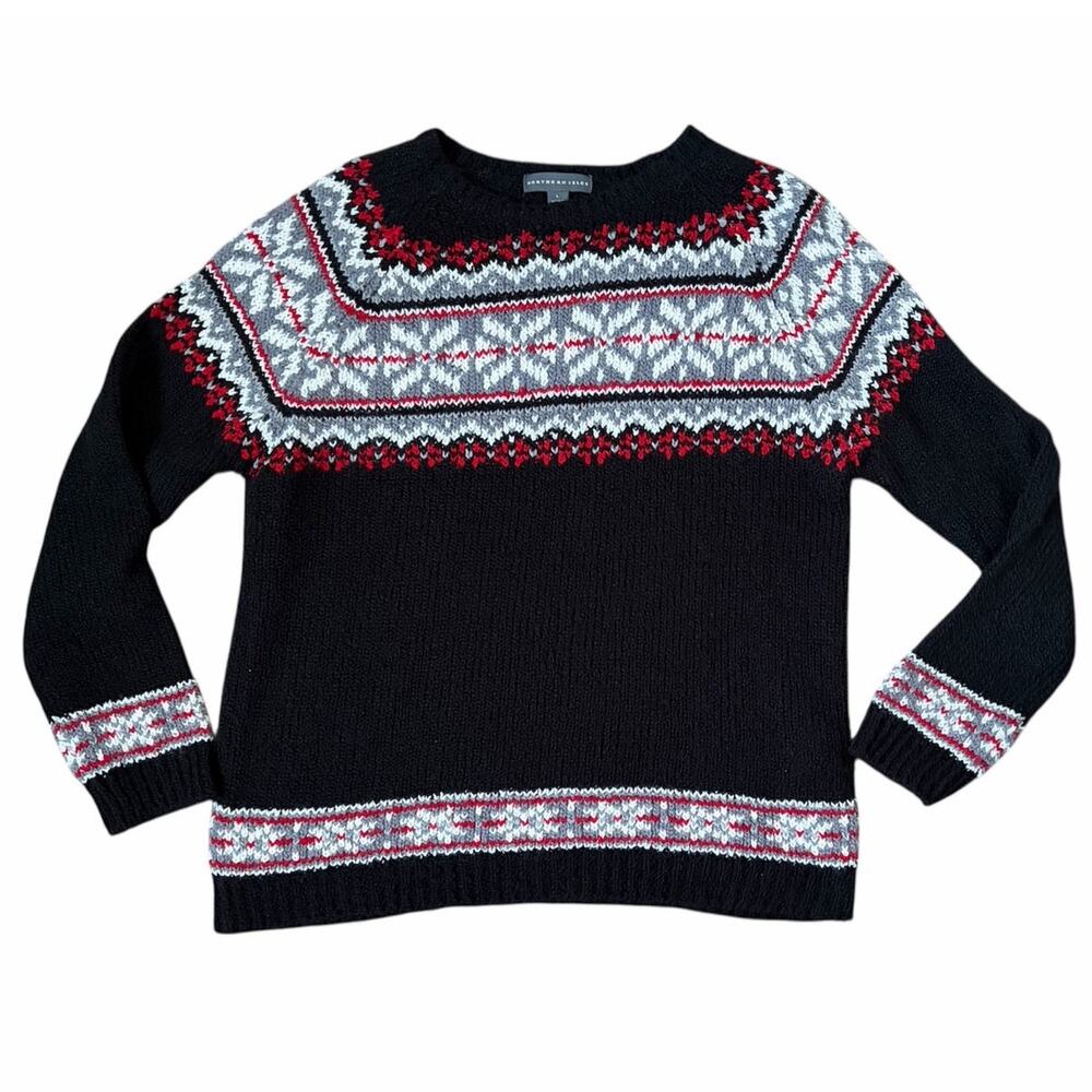 VTG Northern Isles Womens L Black Gray Red Fair Isle Pullover Crewneck Sweater